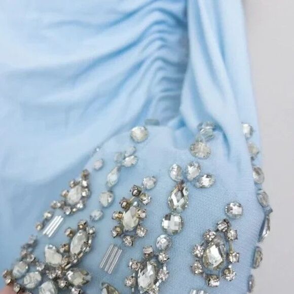 Mac Duggal 26485 Foldover Long Sleeve Jeweled Midi Dress NWT size 22 BLUE - Picture 4 of 7